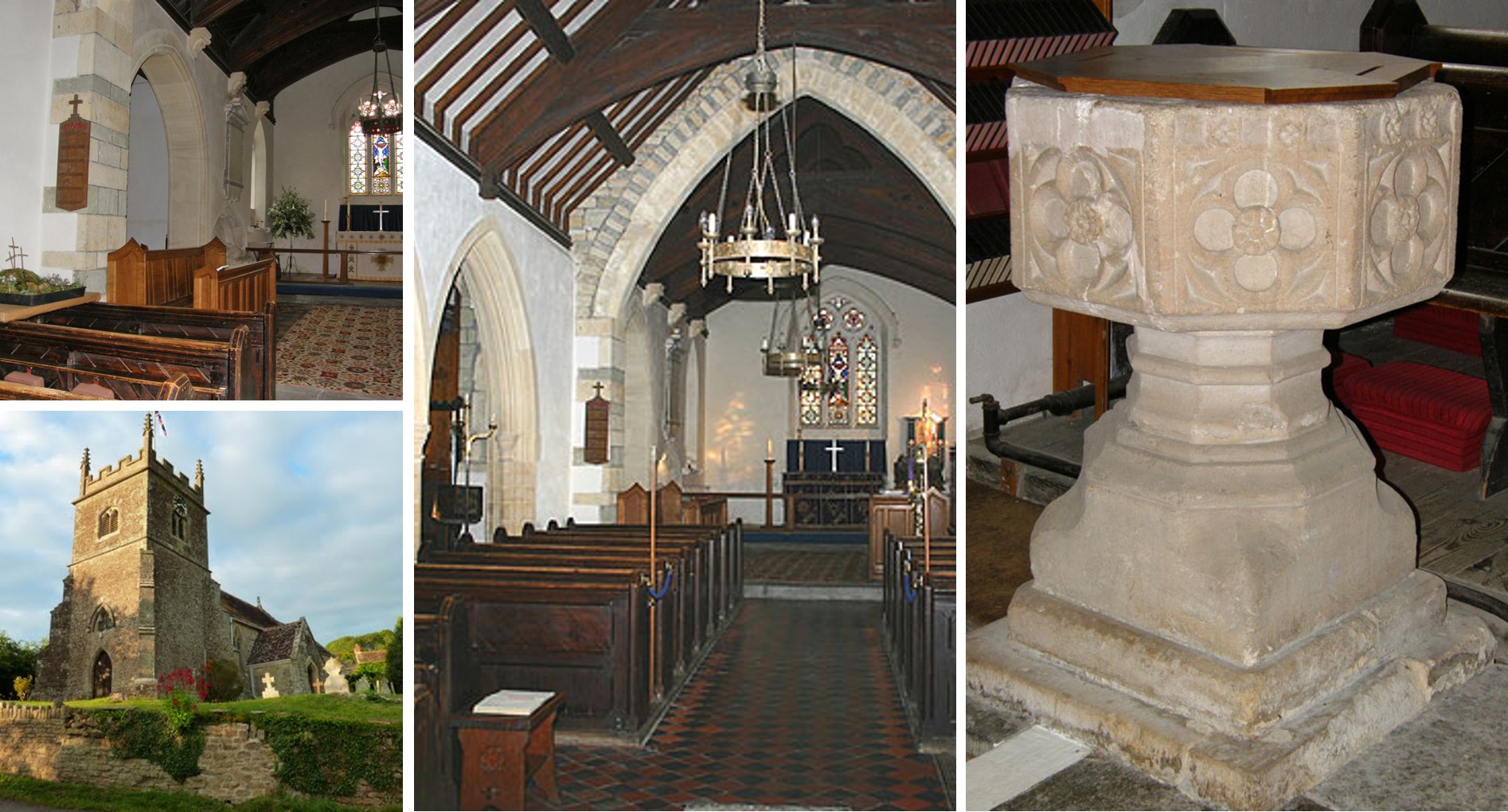 Four images of St John's church. Top left shows a view of the choir stalls and alter. Bottom left shows a view of the bell tower. Centre shows a view of the congregation and alter. Right shows a view of the ancient font.