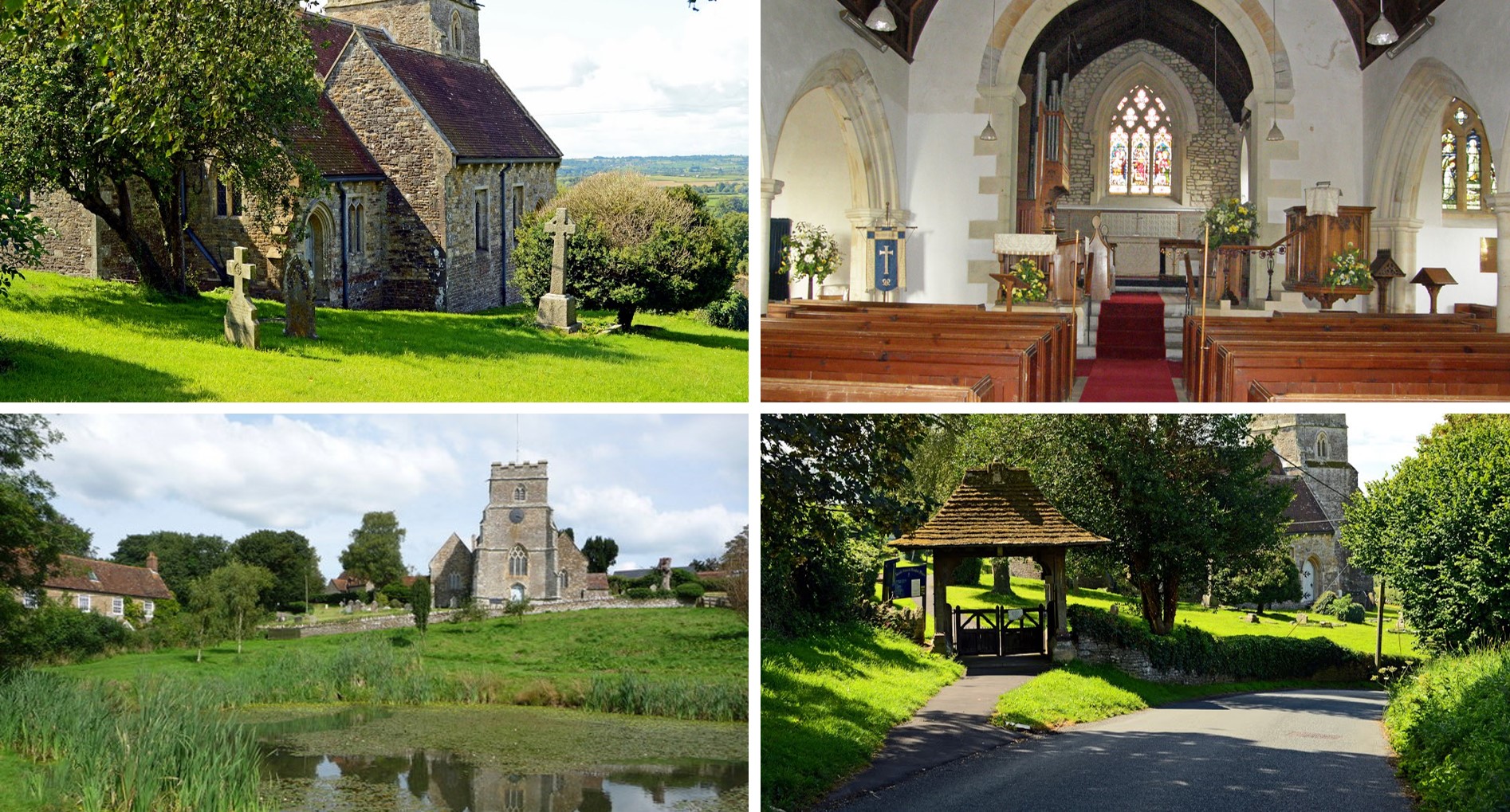 Four images of All Saints church. Top left is a view looking downhill across the cemetery to the church. Top right show a view of the congregation and alter. Bottom left shows a view of the church looking uphill from the ponds. Bottom right shows a view of the top gate.