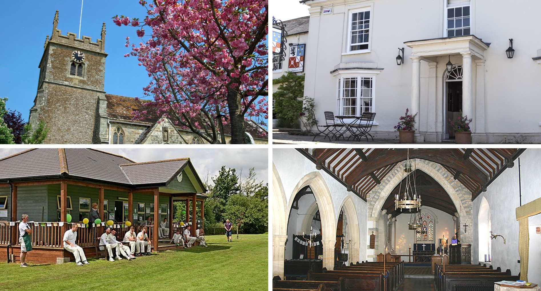 Four images of Buckhorn Weston. Top left is a view of St John's church with the cherry tree in full bloom. Top right shows a view of the Stapleton Arms pub. Bottom left shows the cricket pavilion. Bottom right shows the congregation and alter of St John's church.